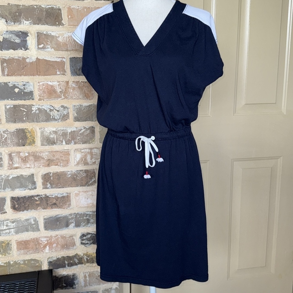 Nautica Navy Blue & White V-Neck Drawstring Waist Casual Dress - Size Medium - Picture 8 of 13